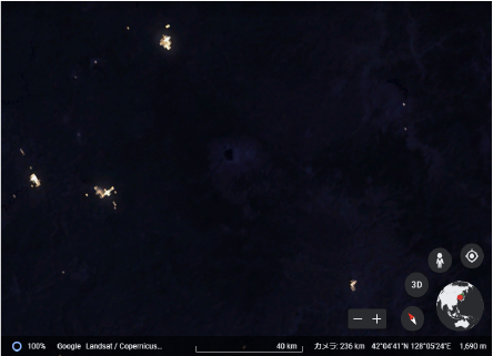 長白山　衛星写真（Googleearth：夜）